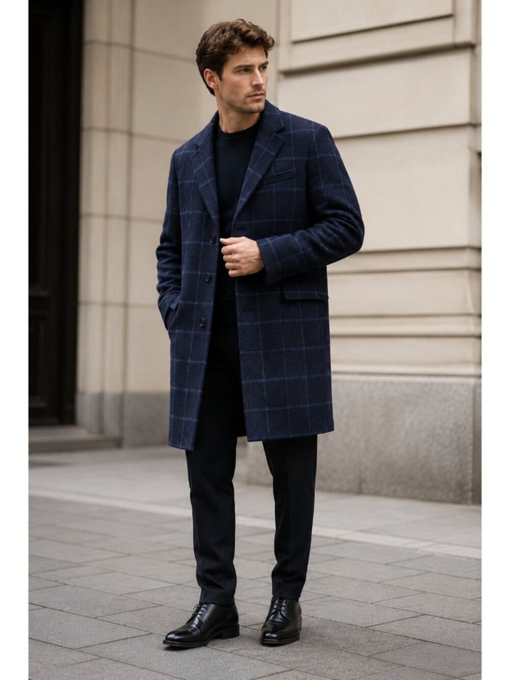 Club Monaco Mantico Wool Blend Overcoat Mens 42 Navy Windowpane Long Coat Jacket